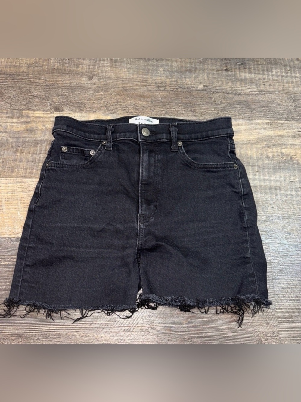 Reformation Black High-Rise Frayed Hem Denim Shorts Size 27